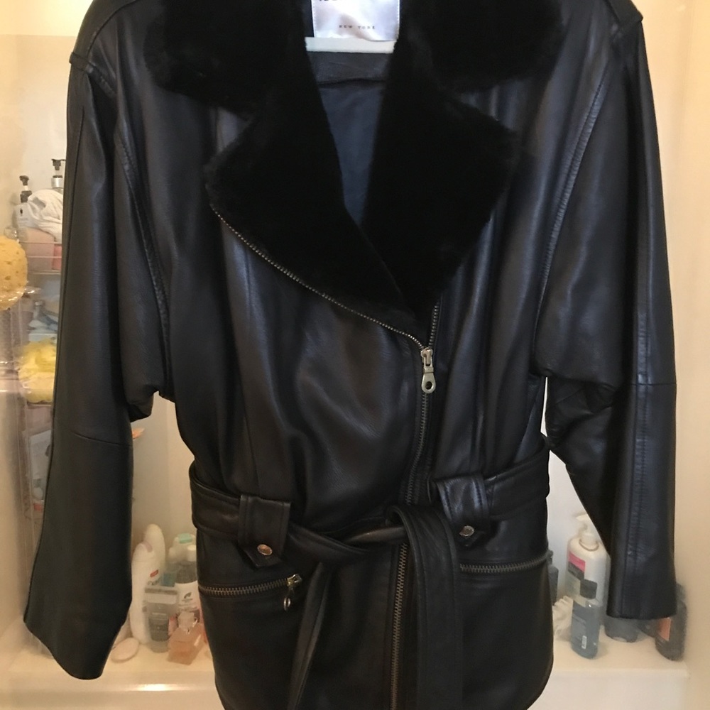 Black Leather Jacket:  w/ gold button W /A belt